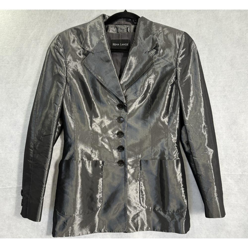 Vtg 80s‎ RENA LANGE Women Metallic Silver Blazer Sz 38/S Chic Elegant Retro 4-18